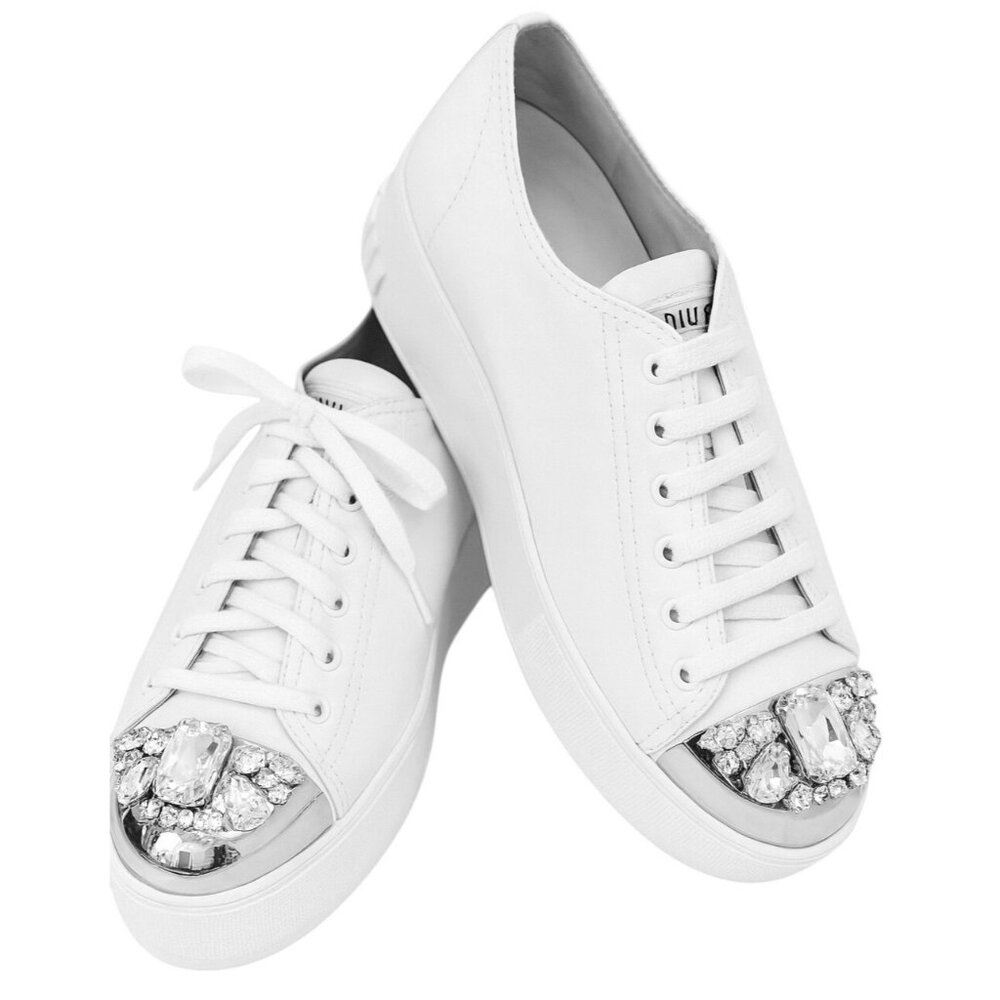 Miu Miu Swarovski Crystal Toe-Cap Nappa Leather Sneakers White Platform 40.5-10